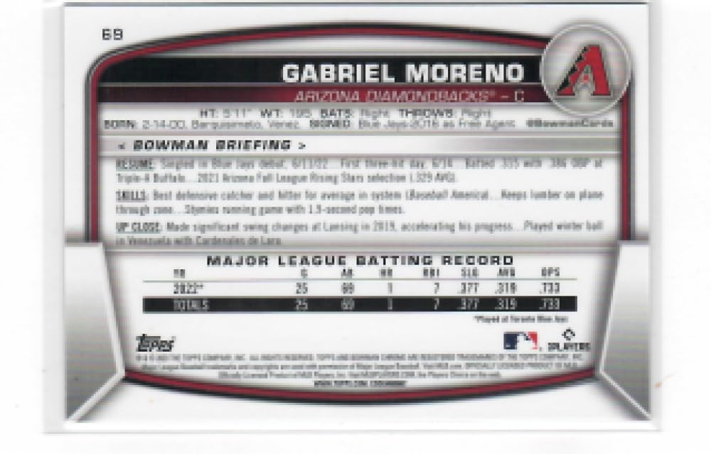 2023 Bowman Chrome Mega Box Mojo Refractor Blue #69 Gabriel Moreno RC Rookie Card /150 Arizona Diamondbacks Baseball NM-MT Z8676