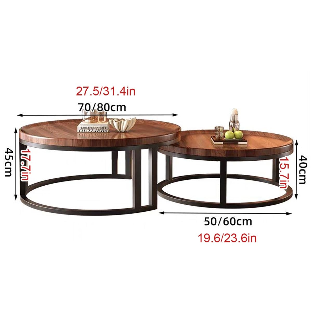 Round Nesting Coffee Tables 2-Piece Set Wood Top Metal Frame M767002