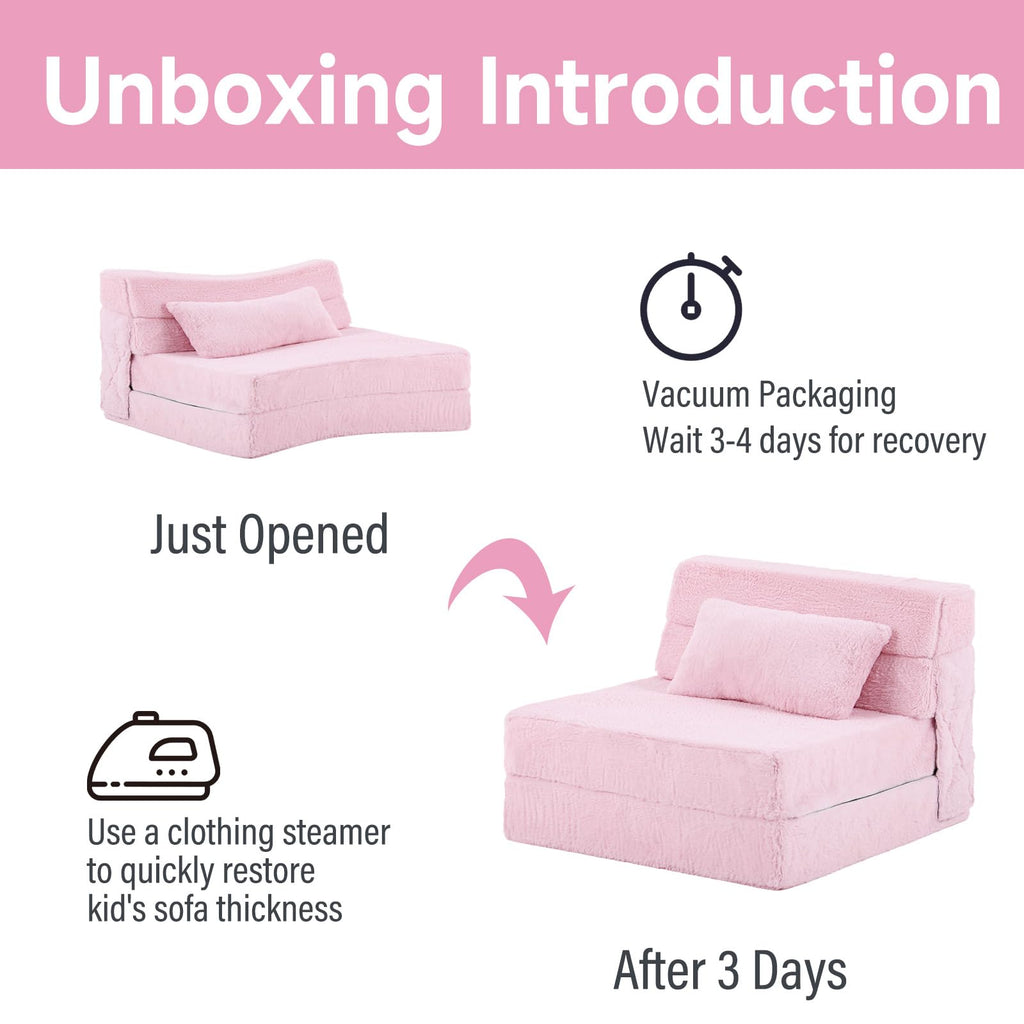 Pink Plush Convertible Folding Kids Sofa Bed with Pillow & Storage Bag C460