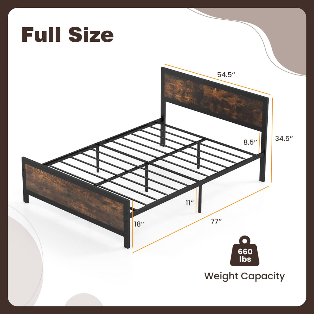 Metal Full Size Platform Bed Frame with Wood Headboard and Footboard H7598