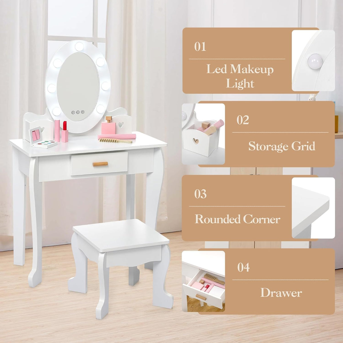 Vanity Table Set with Lighted Mirror and Stool P3673