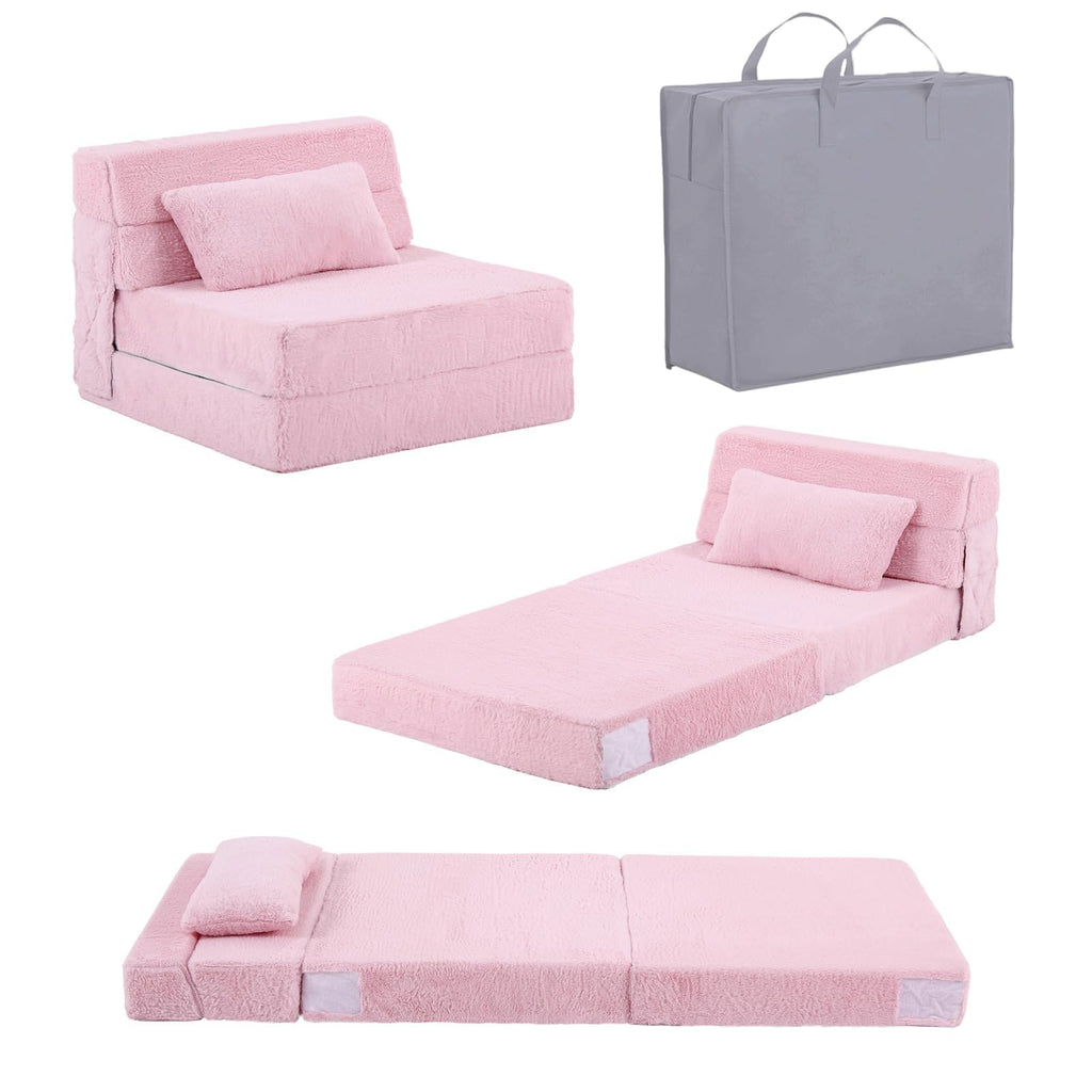 Pink Plush Convertible Folding Kids Sofa Bed with Pillow & Storage Bag C460