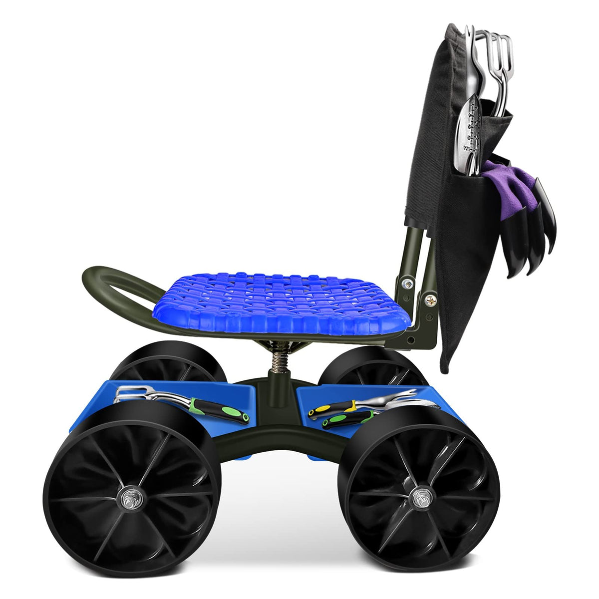 Blue Rolling Garden Cart with Four Wheels and Tool Bag J359