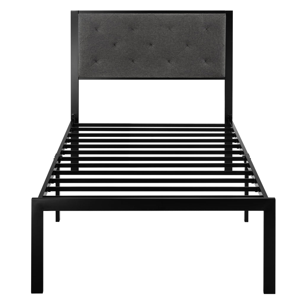 Twin Bed Frame with Upholstered Headboard, Dark Grey X9566