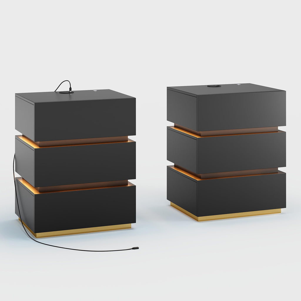 Black Set of 2 Nightstand with Wireless Charging and 3 Drawers R819