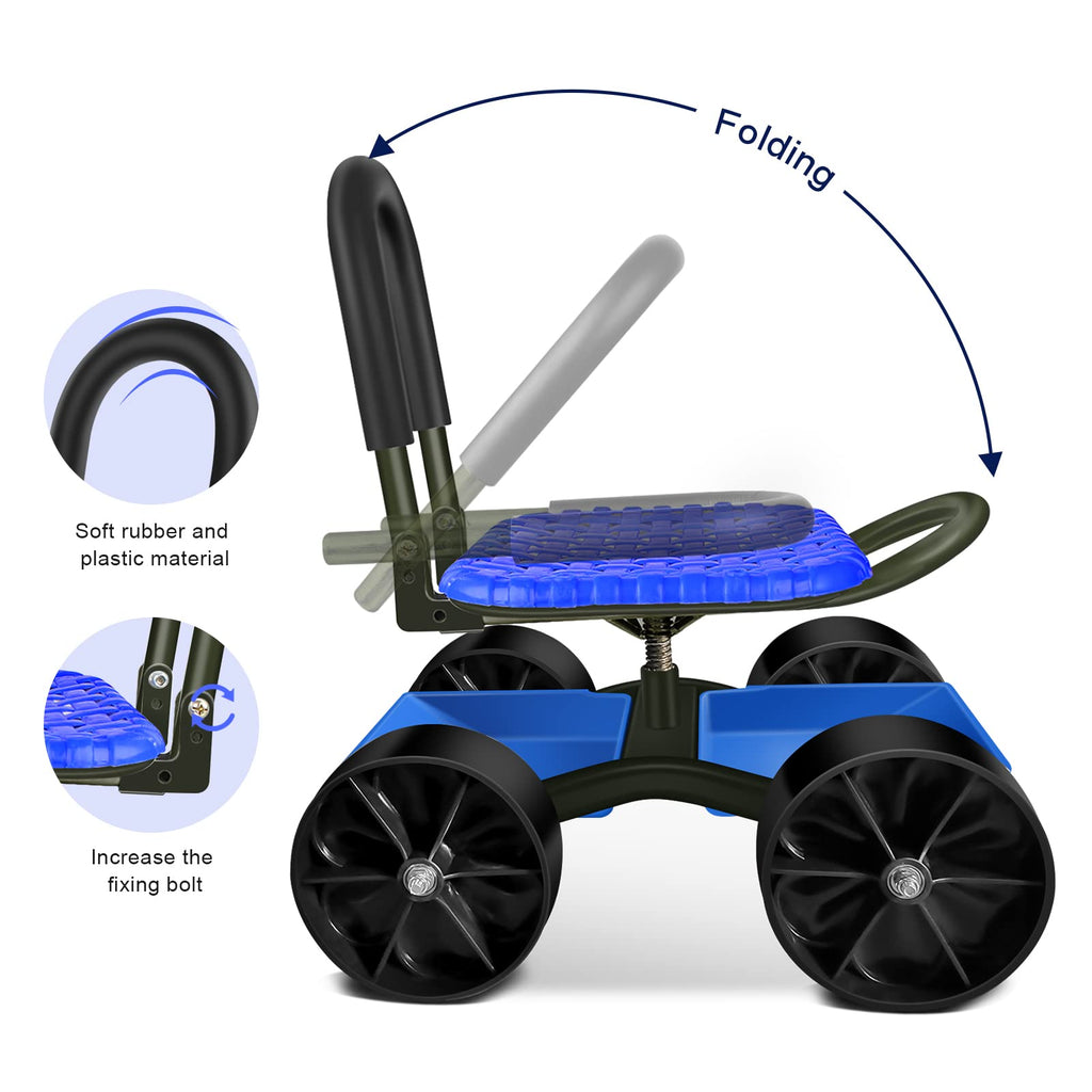 Blue Rolling Garden Cart with Four Wheels and Tool Bag J359