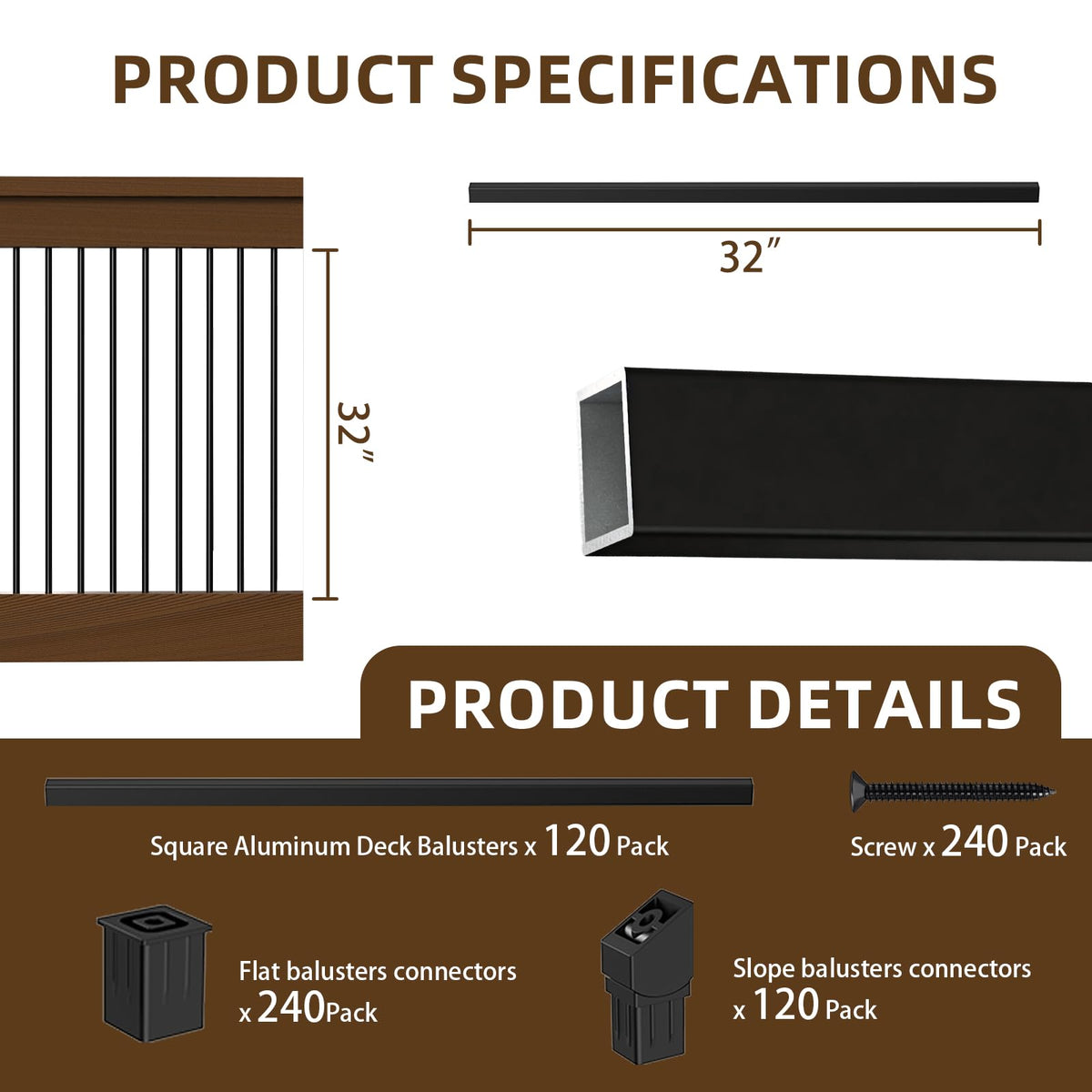 120 Pack 32" Black Aluminum Deck Balusters D68118