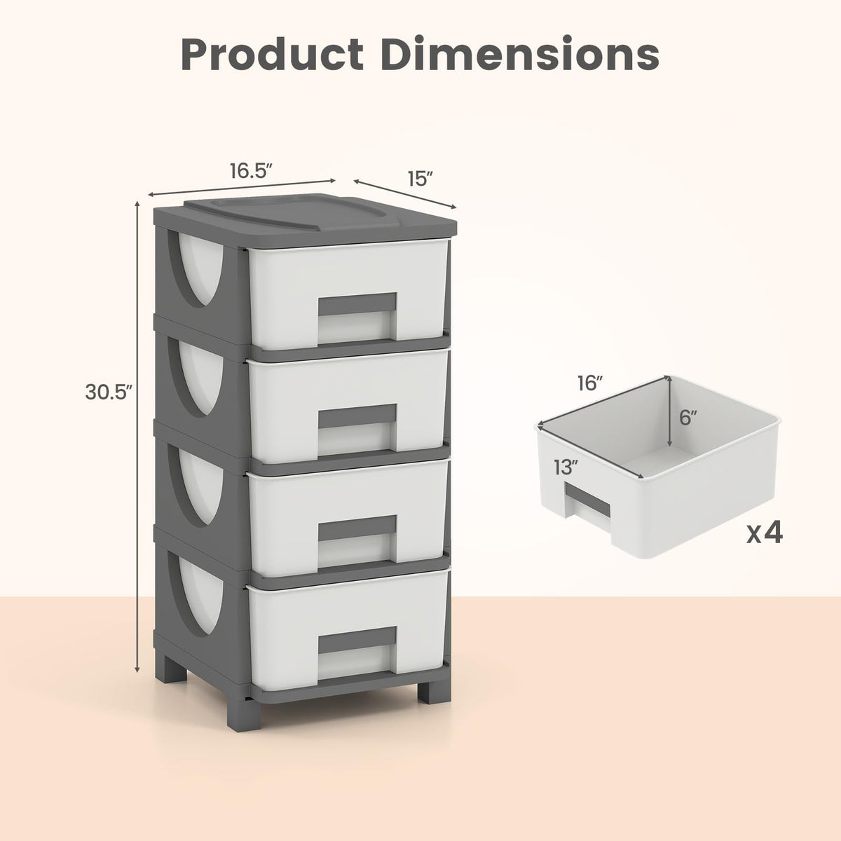 White Grey 4 Drawer Plastic Storage Tower H197192