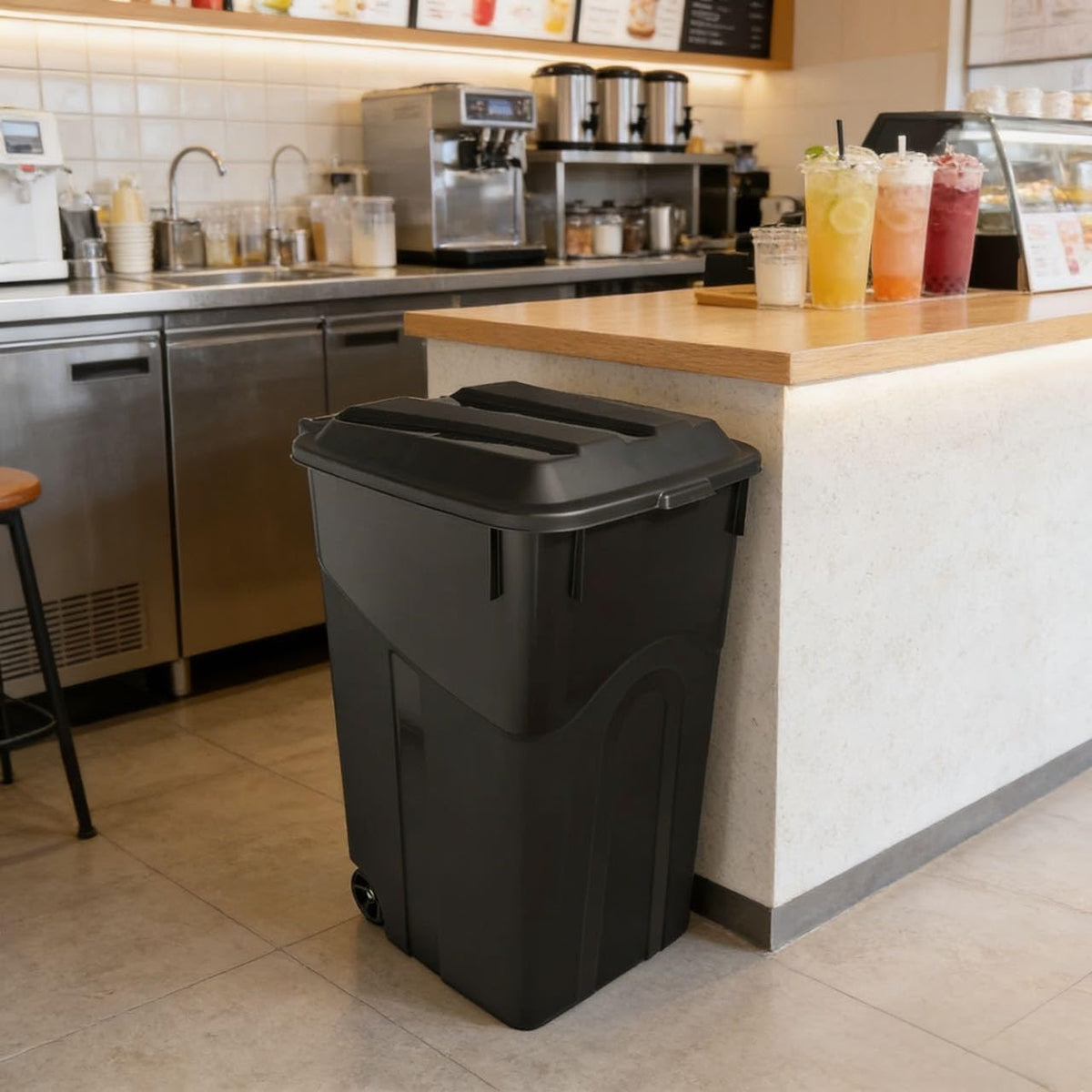 45 Gallon Black Wheeled Garbage Can with Attached Lid T17213