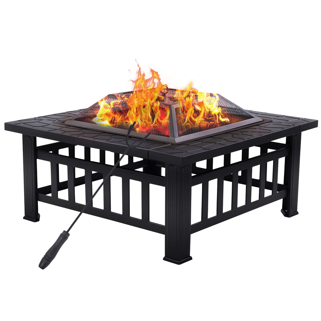 32" Square Wood Burning Fire Pit with Poker and Cover D50932