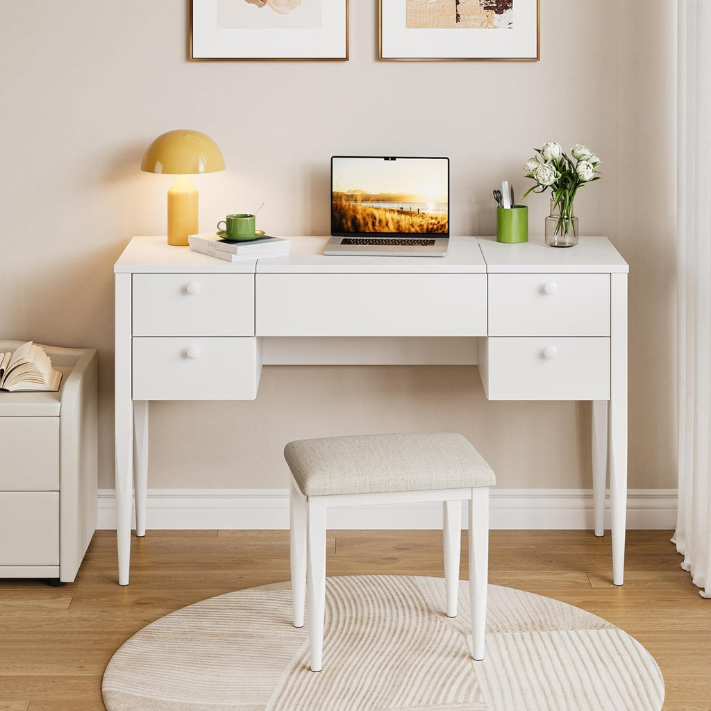 White Makeup Vanity Desk with Flip Top Mirror and Chair O710420