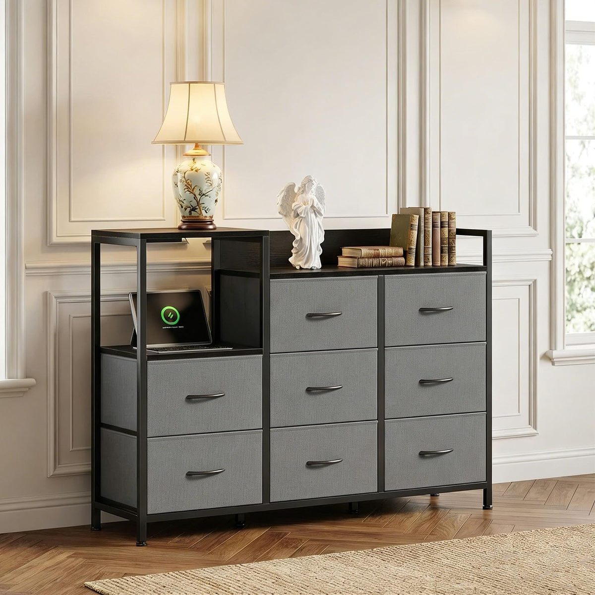 TV Stand with Charging Station, 8 Fabric Drawers Dresser Q941846