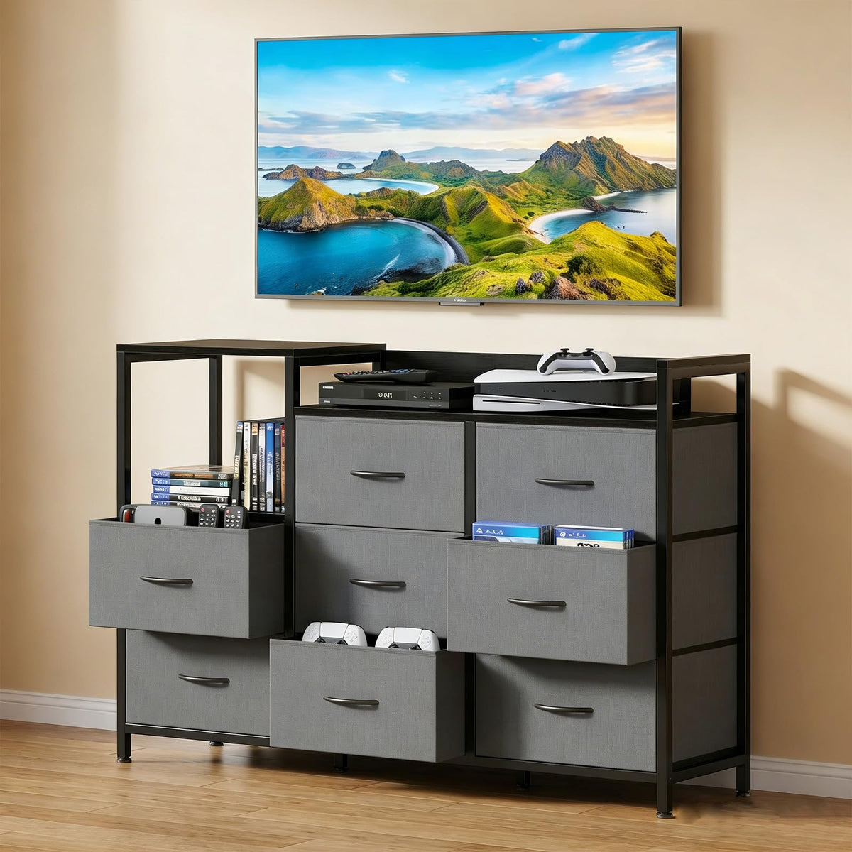 TV Stand with Charging Station, 8 Fabric Drawers Dresser Q941846