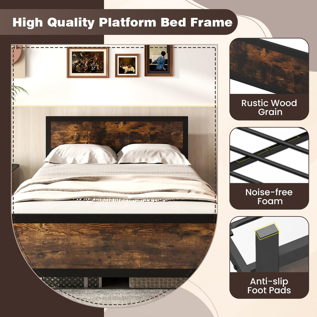 Metal Full Size Platform Bed Frame with Wood Headboard and Footboard H7598