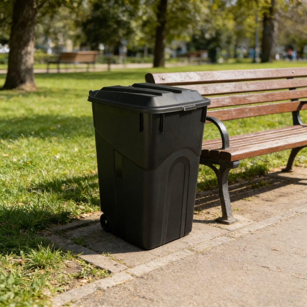 45 Gallon Black Wheeled Garbage Can with Attached Lid T17213