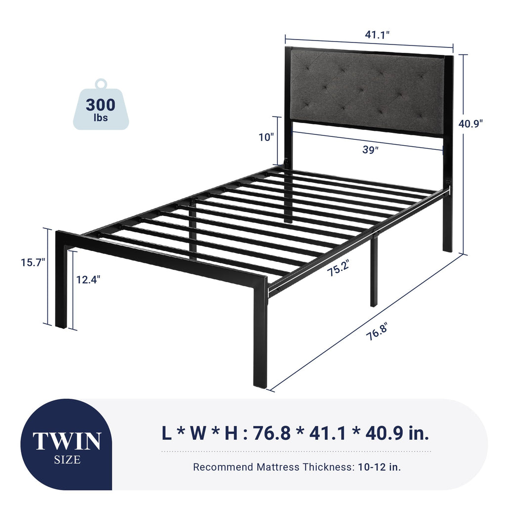 Twin Bed Frame with Upholstered Headboard, Dark Grey X9566