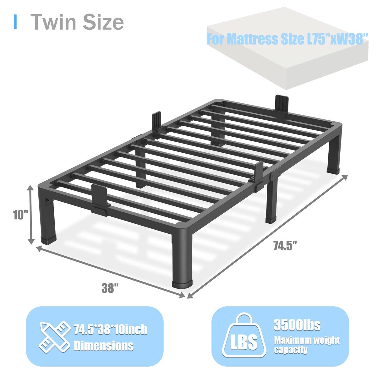 10 inch Twin Bed Frame with Round Corner Legs U49639