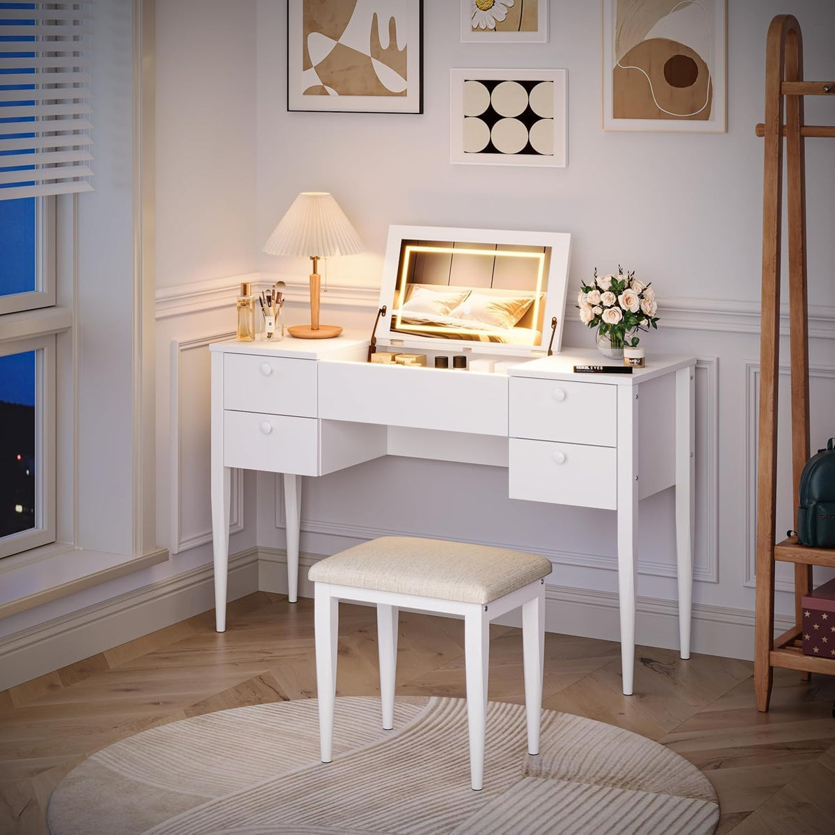 White Makeup Vanity Desk with Flip Top Mirror and Chair O710420
