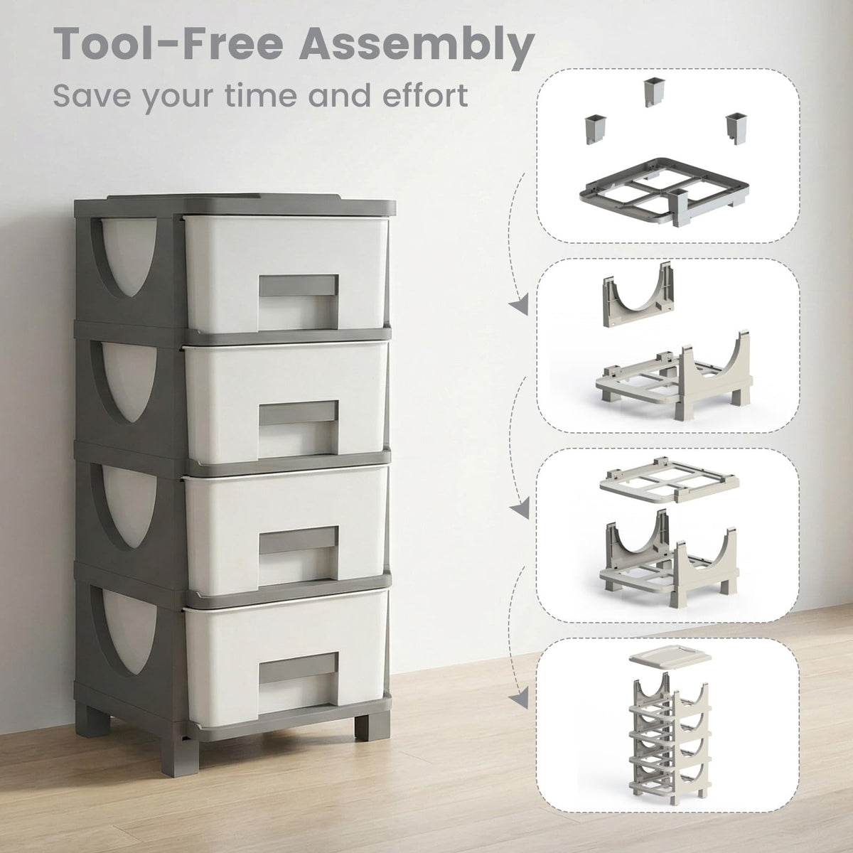 White Grey 4 Drawer Plastic Storage Tower H197192