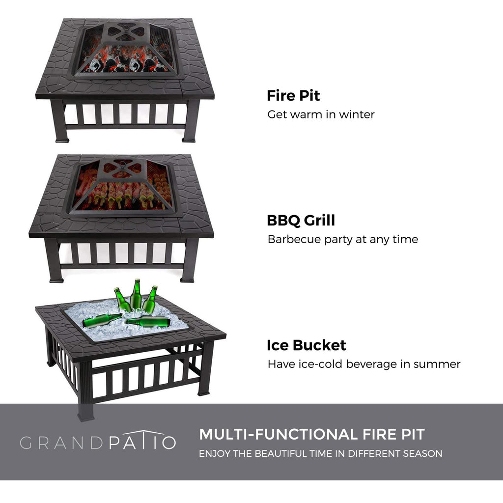 32" Square Wood Burning Fire Pit with Poker and Cover D50932