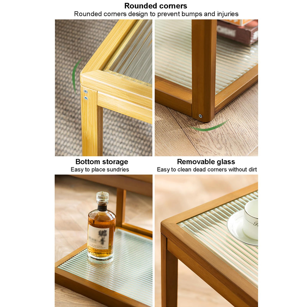 Square Glass Nesting Coffee Tables Set of 2 with Bamboo Frame I393
