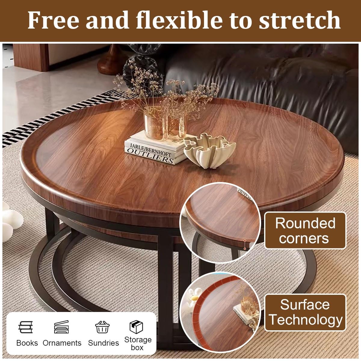 Round Nesting Coffee Tables 2-Piece Set Wood Top Metal Frame M767002