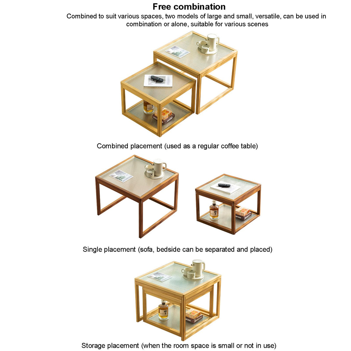 Square Glass Nesting Coffee Tables Set of 2 with Bamboo Frame I393