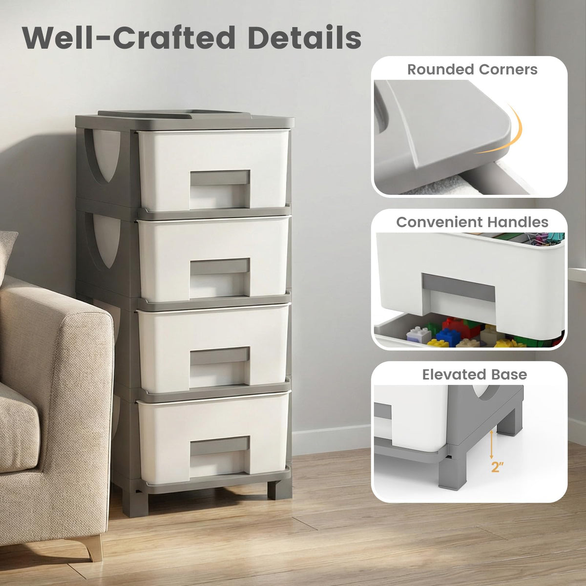 White Grey 4 Drawer Plastic Storage Tower H197192