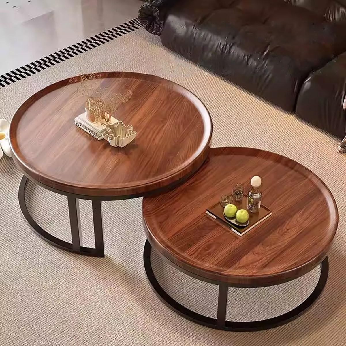 Round Nesting Coffee Tables 2-Piece Set Wood Top Metal Frame M767002