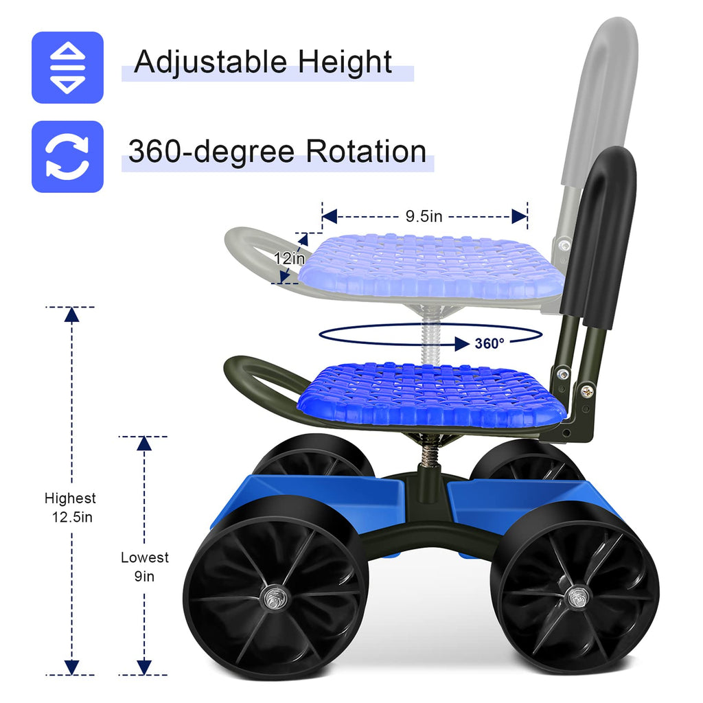 Blue Rolling Garden Cart with Four Wheels and Tool Bag J359