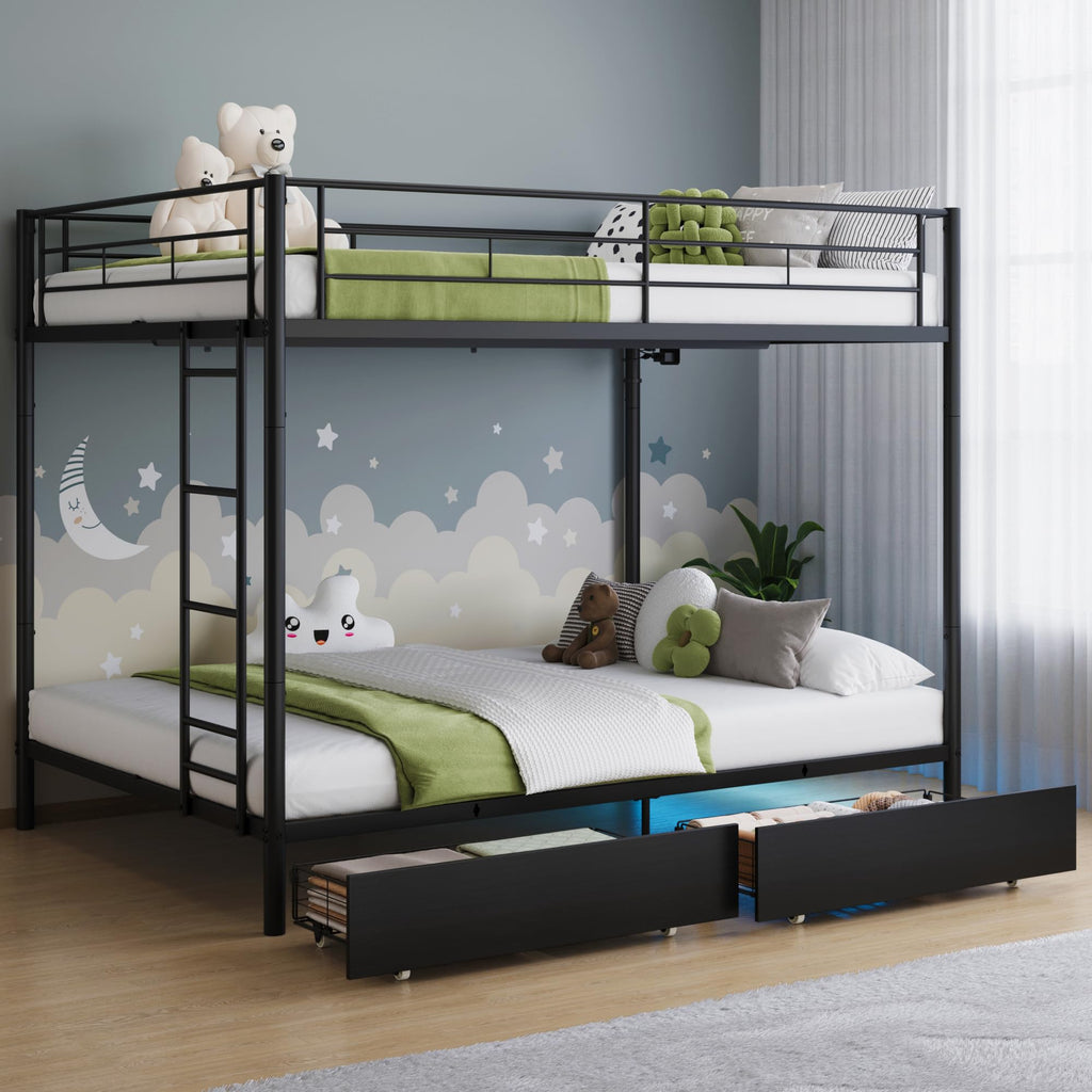 Black Twin Over Twin Metal Bunk Bed with LED Lights, USB Charging Station, 2 Drawers, Guard Rails & Ladder B55679