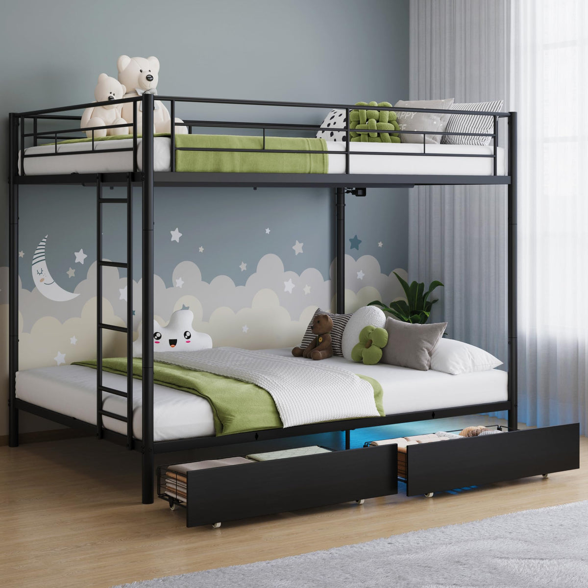 Black Twin Over Twin Metal Bunk Bed with LED Lights, USB Charging Station, 2 Drawers, Guard Rails & Ladder B55679