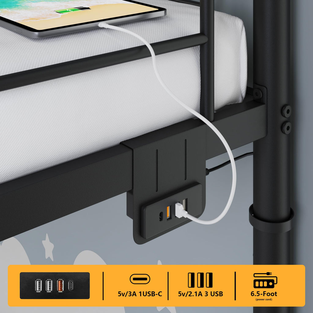 Black Twin Over Twin Metal Bunk Bed with LED Lights, USB Charging Station, 2 Drawers, Guard Rails & Ladder B55679