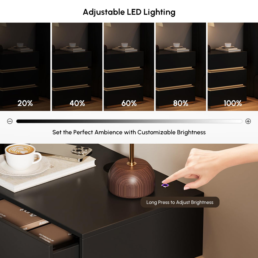 Black Set of 2 Nightstand with Wireless Charging and 3 Drawers R819