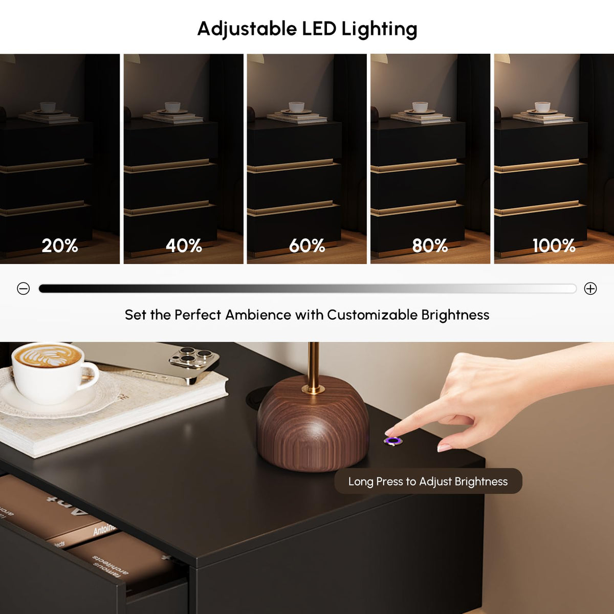 Black Set of 2 Nightstand with Wireless Charging and 3 Drawers R819