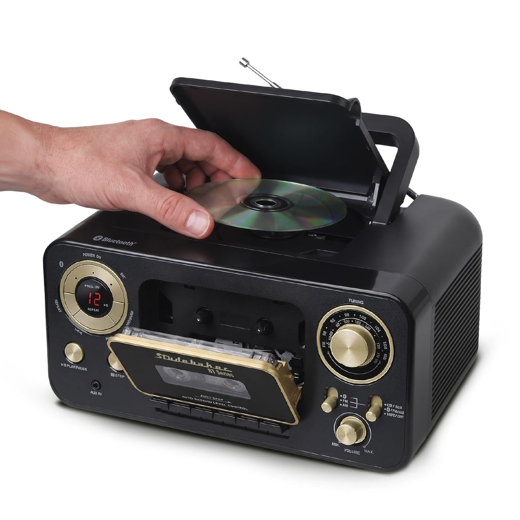 Portable CD Player with Bluetooth, AM/FM Stereo Radio & Cassette Player, Black & Gold X9986