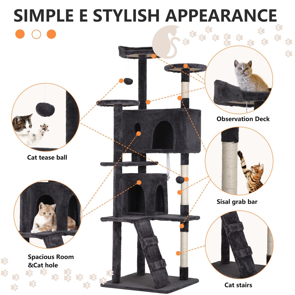 70 Inch Dark Grey Cat Tree Tower with Scratching Post G4687