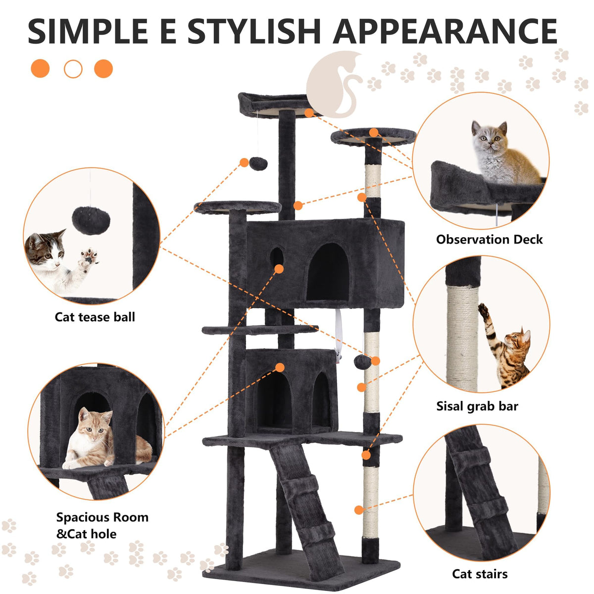 70 Inch Dark Grey Cat Tree Tower with Scratching Post G4687