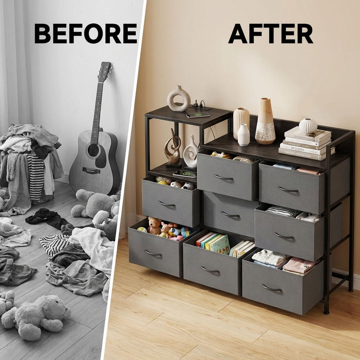 TV Stand with Charging Station, 8 Fabric Drawers Dresser Q941846