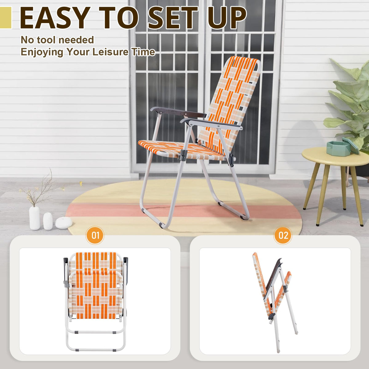 Set of 2 Orange and White Webbed Folding Beach Chairs J5155