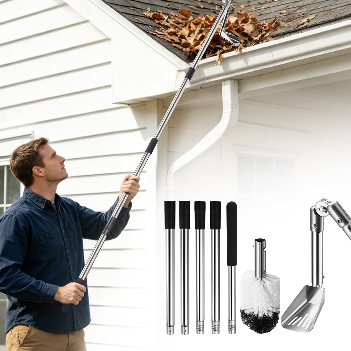6.4FT Gutter Cleaning Tools with Extension Pole & Brush Q457