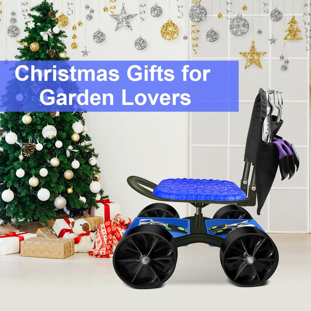 Blue Rolling Garden Cart with Four Wheels and Tool Bag J359