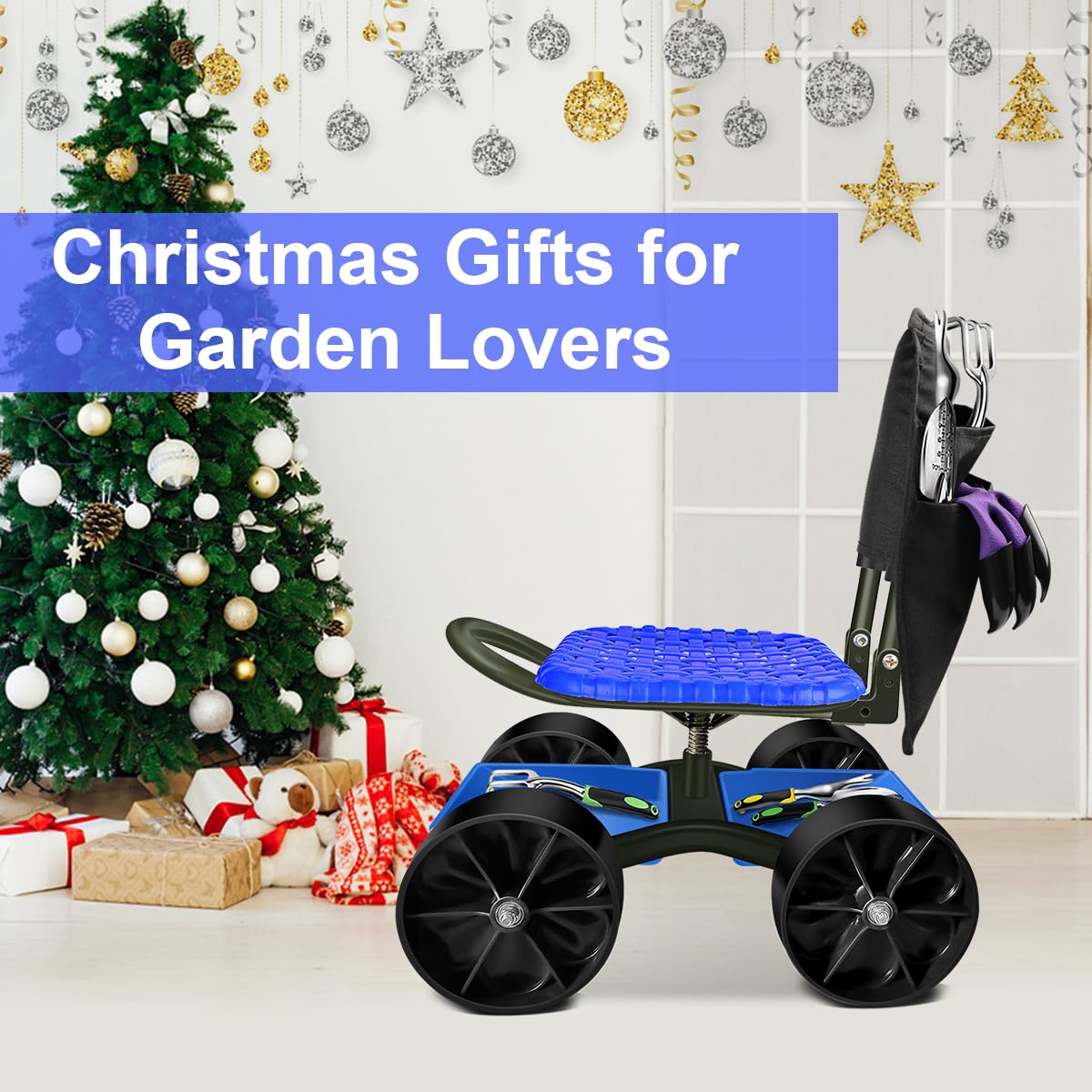 Blue Rolling Garden Cart with Four Wheels and Tool Bag J359