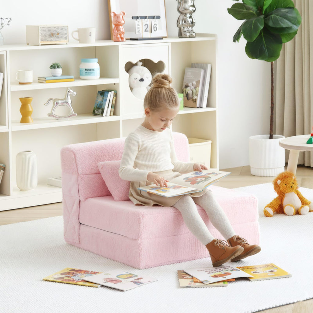 Pink Plush Convertible Folding Kids Sofa Bed with Pillow & Storage Bag C460