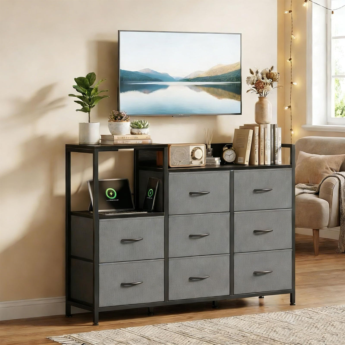 TV Stand with Charging Station, 8 Fabric Drawers Dresser Q941846