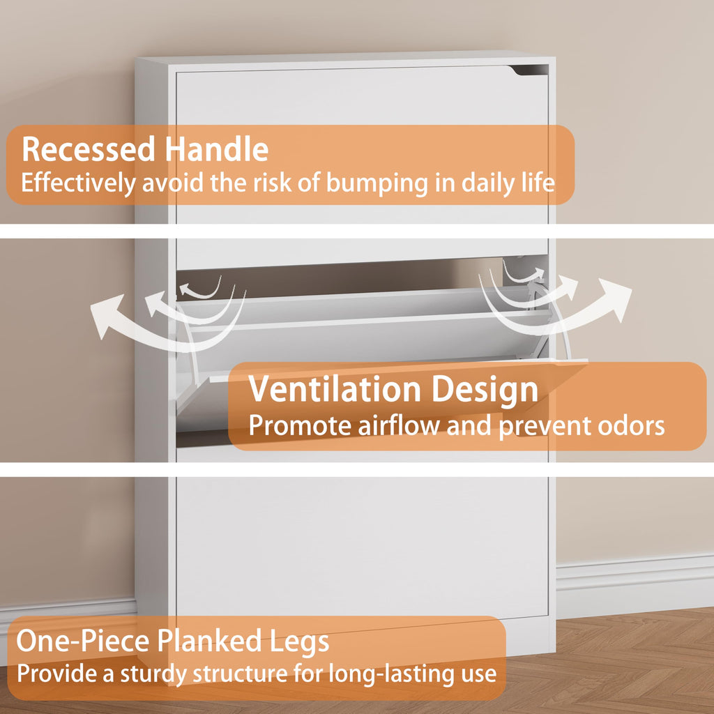 White 3 Flip Drawer Wood Shoe Storage Cabinet Z57817