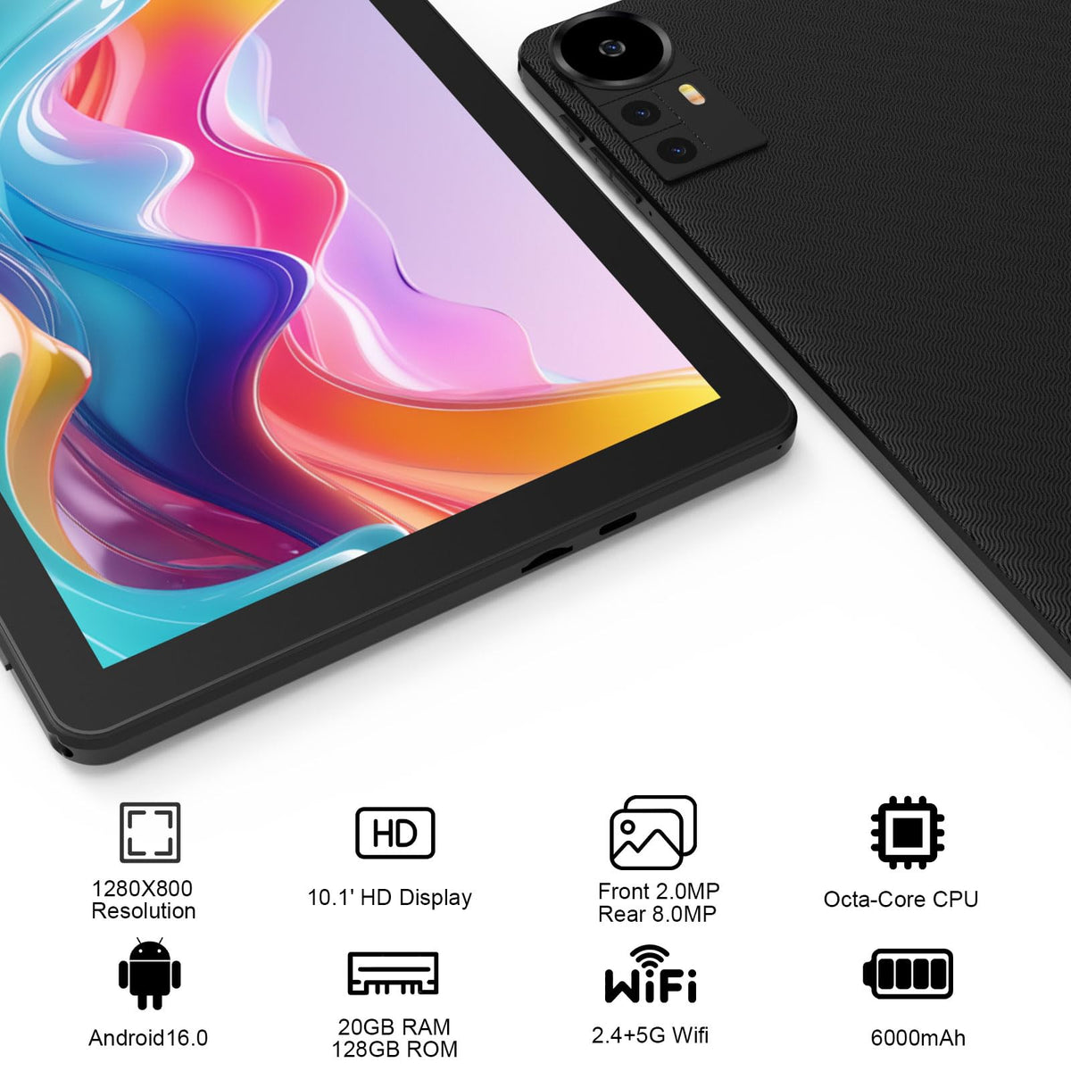 Android 16 Tablet 10 Inch 20GB RAM 128GB ROM Black B826858