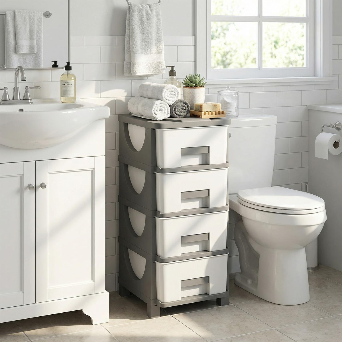White Grey 4 Drawer Plastic Storage Tower H197192