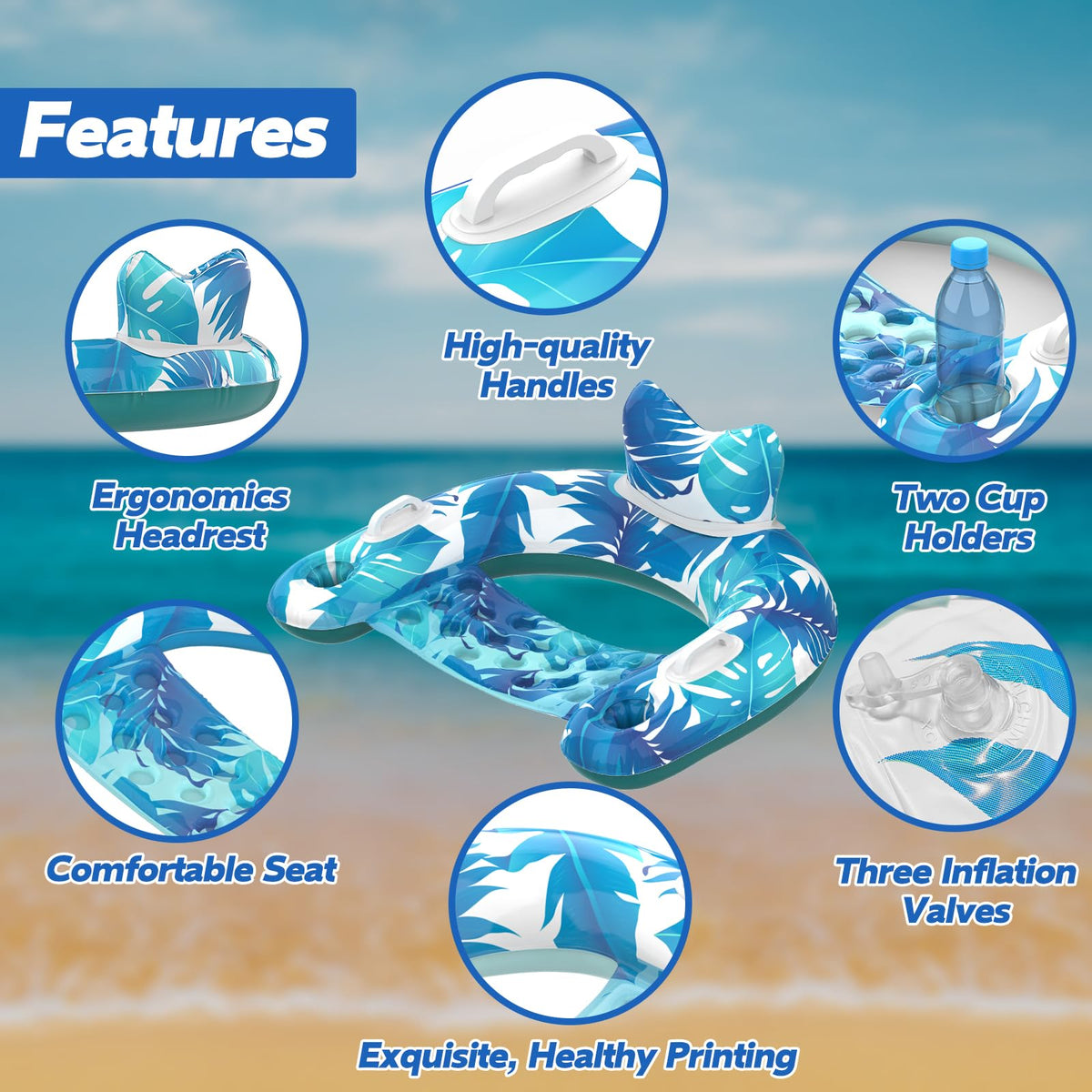 Inflatable Pool Float Chairs with Cupholders & Handles, 3 Pack Y69130