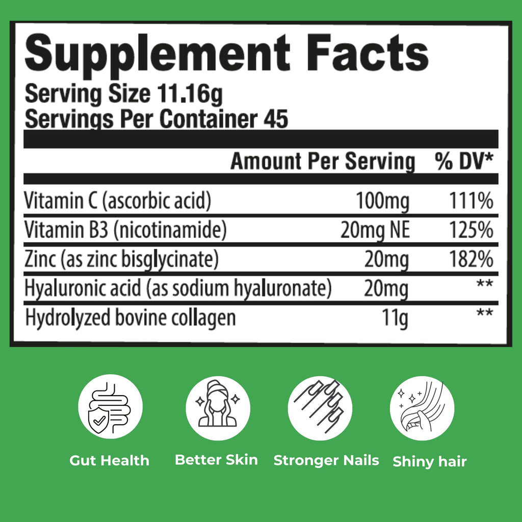 Hydrolyzed Bovine Collagen Peptides Powder with Vitamin C, Hyaluronic Acid, Zinc & B3 H2685